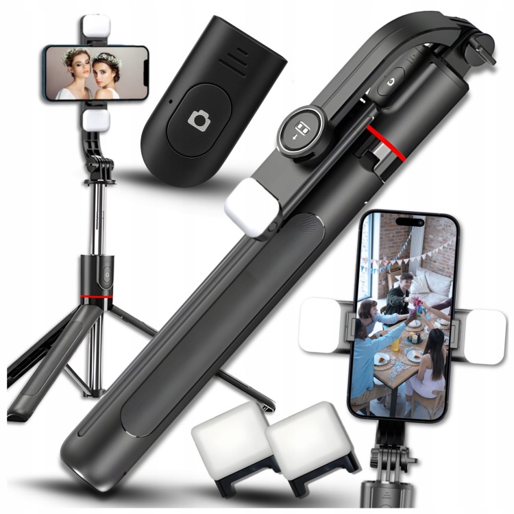 Selfie stick statyw do telefonu Slayo z pilotem Bluetooth i podwójną lampą LED