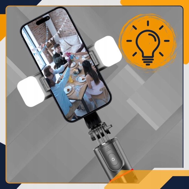 Selfie stick Slayo z telefonem i dwiema lampami LED do nagrywania na biurku