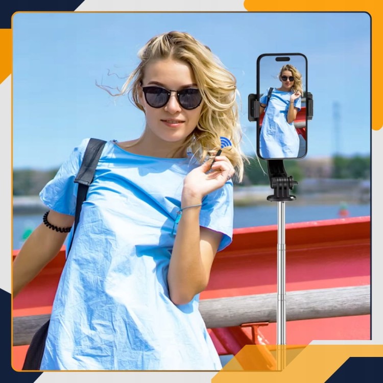 Selfie stick Slayo SelfiePro 15 na wyjeździe kobieta robi selfie wysokim kijem do telefonu