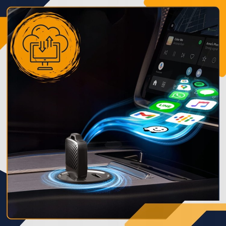 Mini adapter CarPlay Android Auto 2w1 Slayo – porównanie rozmiaru małego dongla z portem USB w samochodzie