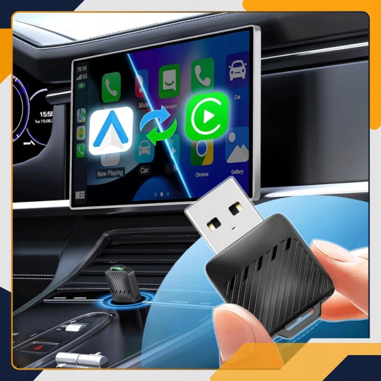 Adapter 2w1 CarPlay Android Auto Slayo – widok dongla z podłączoną przejściówką USB-A / USB-C