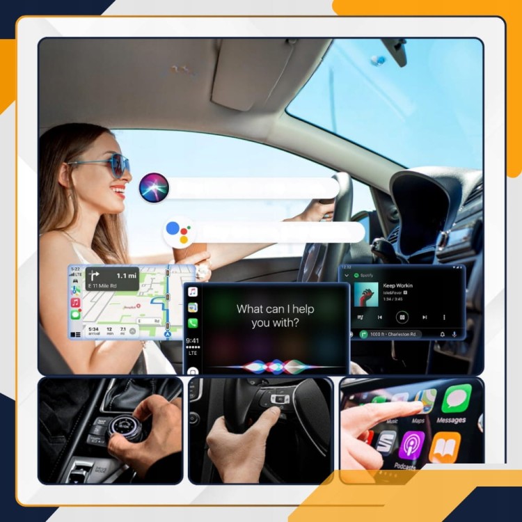 ezprzewodowy adapter CarPlay Android Auto 2w1 Slayo – ekran radia z mapą nawigacji z telefonu