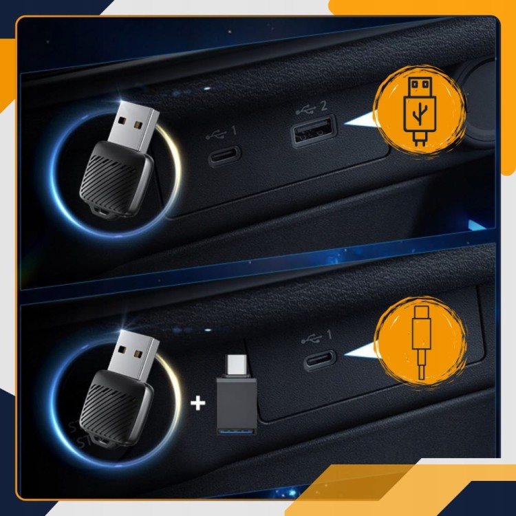 Mini adapter CarPlay Android Auto do samochodu – uporządkowany kokpit bez plątaniny przewodów