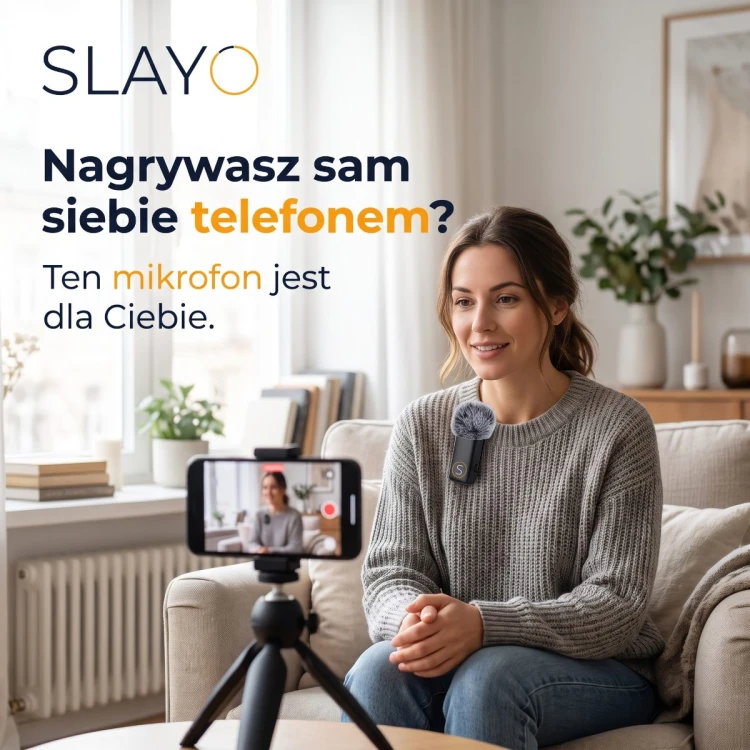 Nagrywanie siebie telefonem na statywie z mikrofonem krawatowym Slayo Mike S11