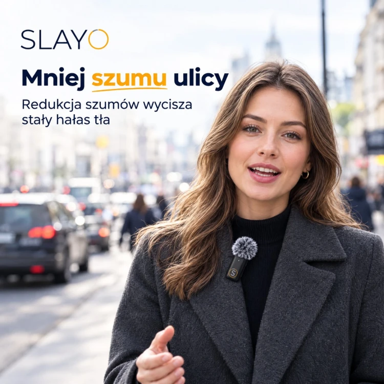 Slayo Mike S11 przypięty do kurtki, nagranie na ruchliwej ulicy z mniejszym szumem w tle