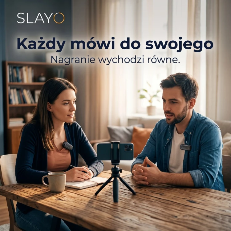 Dwie osoby nagrywają rozmowę, każda z własnym mikrofonem Slayo Mike S13