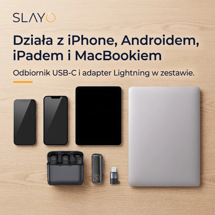 Zestaw Slayo Mike S13 obok iPhone, telefonu z Androidem, iPada i MacBooka