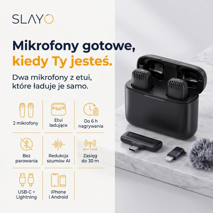 Zestaw Slayo Mike S13: dwa mikrofony w etui ładującym, odbiornik USB-C i adapter Lightning
