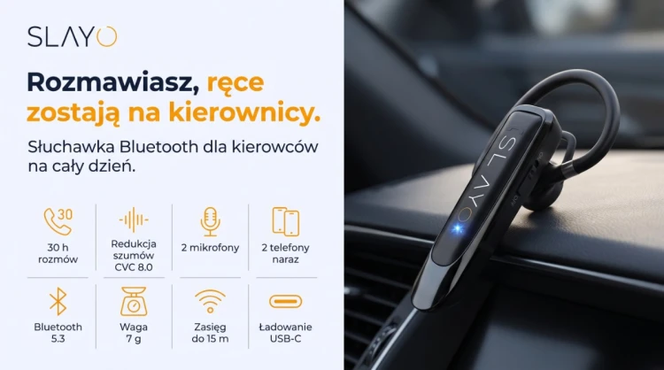 Słuchawka Bluetooth Slayo EarWave 600 Ultra dla kierowców: 30 h rozmów, dwa mikrofony, dwa telefony naraz