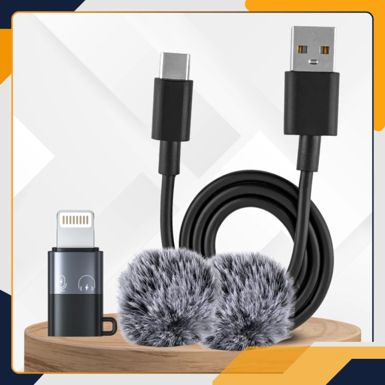 Kabel USB, adapter Lightning i osłona przeciwwiatrowa z zestawu Slayo Mike S13