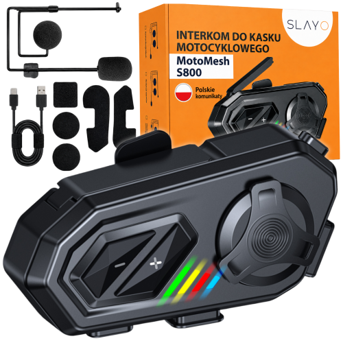 Interkom motocyklowy Slayo MotoMesh S800 z pudełkiem, mikrofonami, głośnikami i kablem USB