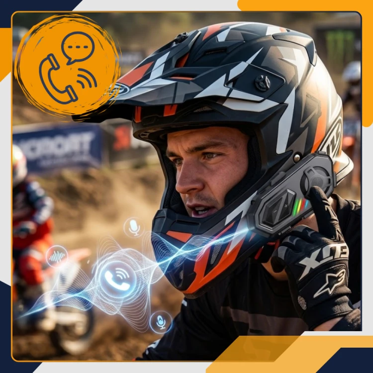 Zawodnik motocrossowy odbierający połączenie przez interkom Slayo MotoMesh S800
