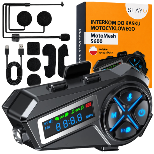 Interkom motocyklowy Slayo MotoMesh S600 z pudełkiem, dwoma mikrofonami, głośnikami i kablem USB-C