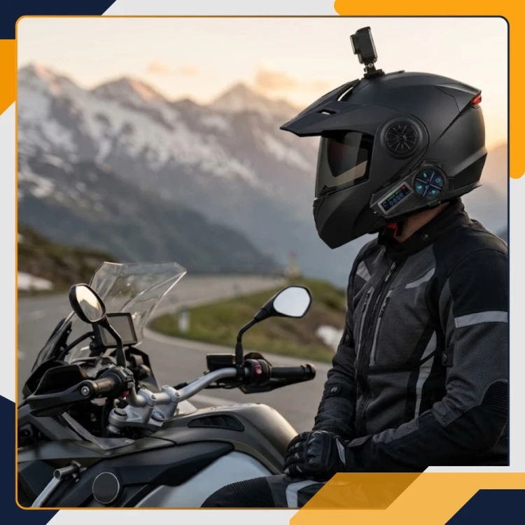 Motocyklista w kasku z interkomem Slayo MotoMesh S600 na górskiej trasie