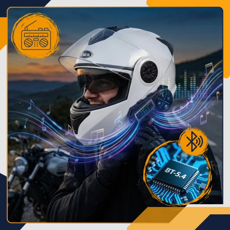 Motocyklista słucha muzyki przez interkom Slayo MotoMesh S600 z Bluetooth 5.4