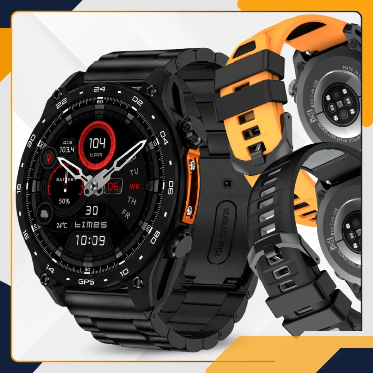 Smartwatch Slayo HD300 Pro na stalowej bransolecie, obok paski silikonowe