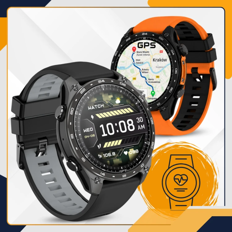 Smartwatch Slayo HD300 Pro w dwóch paskach, na ekranie mapa z nawigacją
