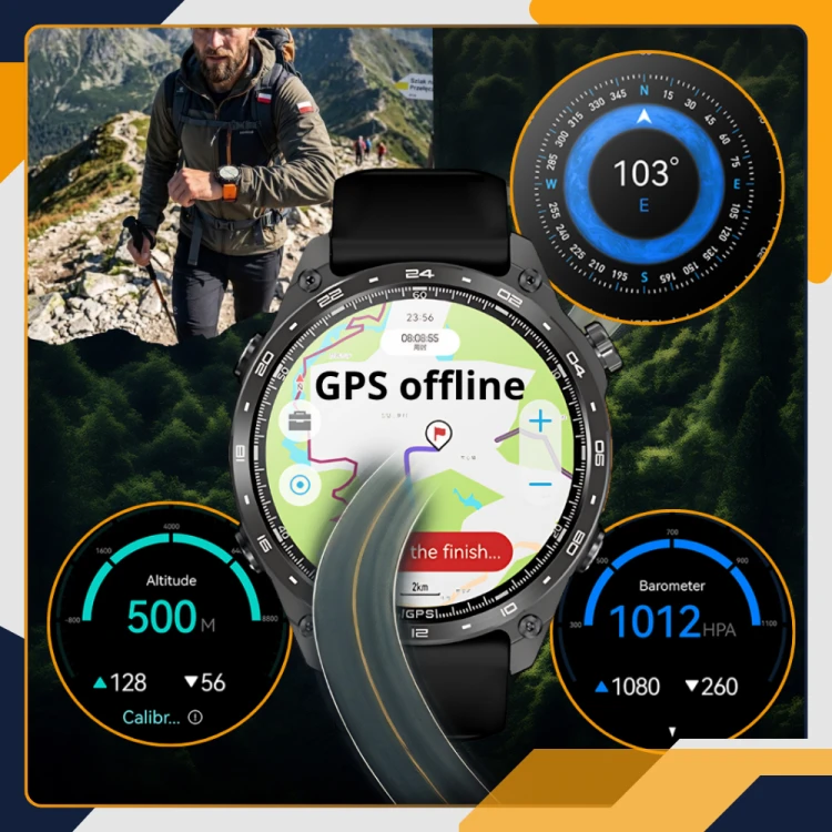 Mapa offline, kompas, wysokościomierz i barometr na ekranie Slayo HD300 Pro w górach