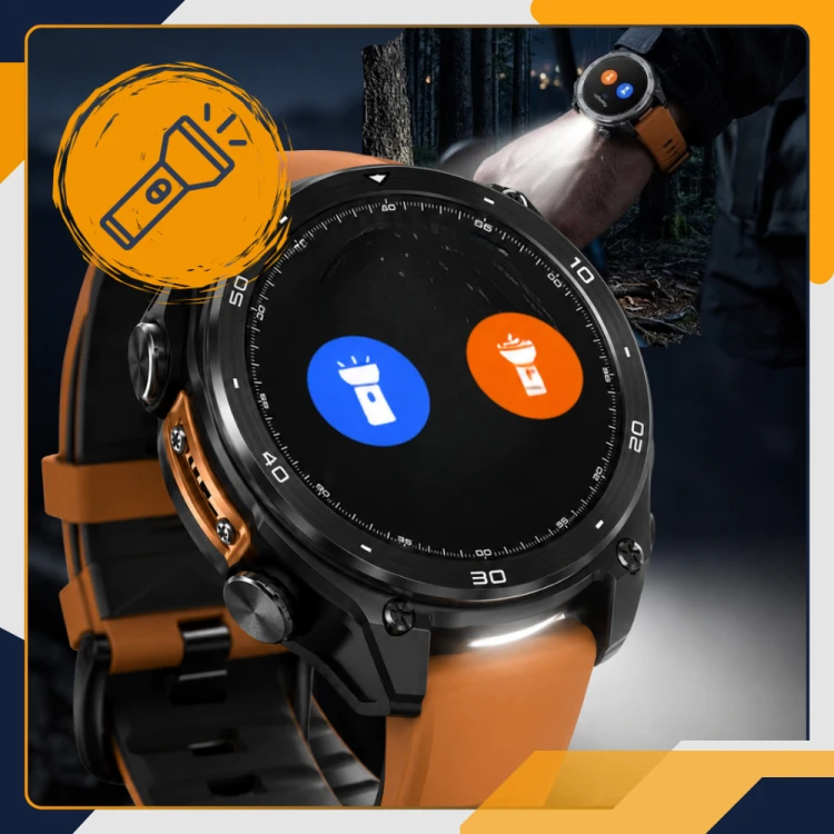 Wbudowana latarka LED w smartwatchu Slayo HD300 Pro świeci po zmroku