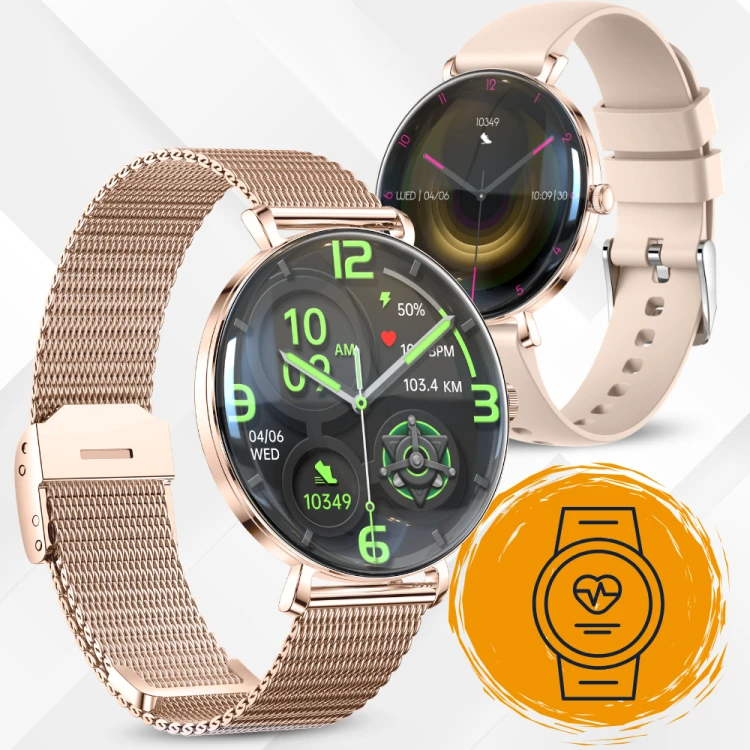 Smartwatch Slayo Grace SM43, złota koperta i pudroworóżowy pasek