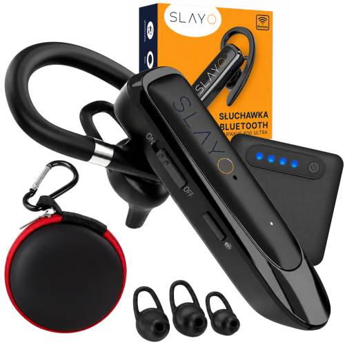 Zestaw Slayo EarWave 700 Ultra: słuchawka, powerbank z czterema diodami, pokrowiec i gumki douszne