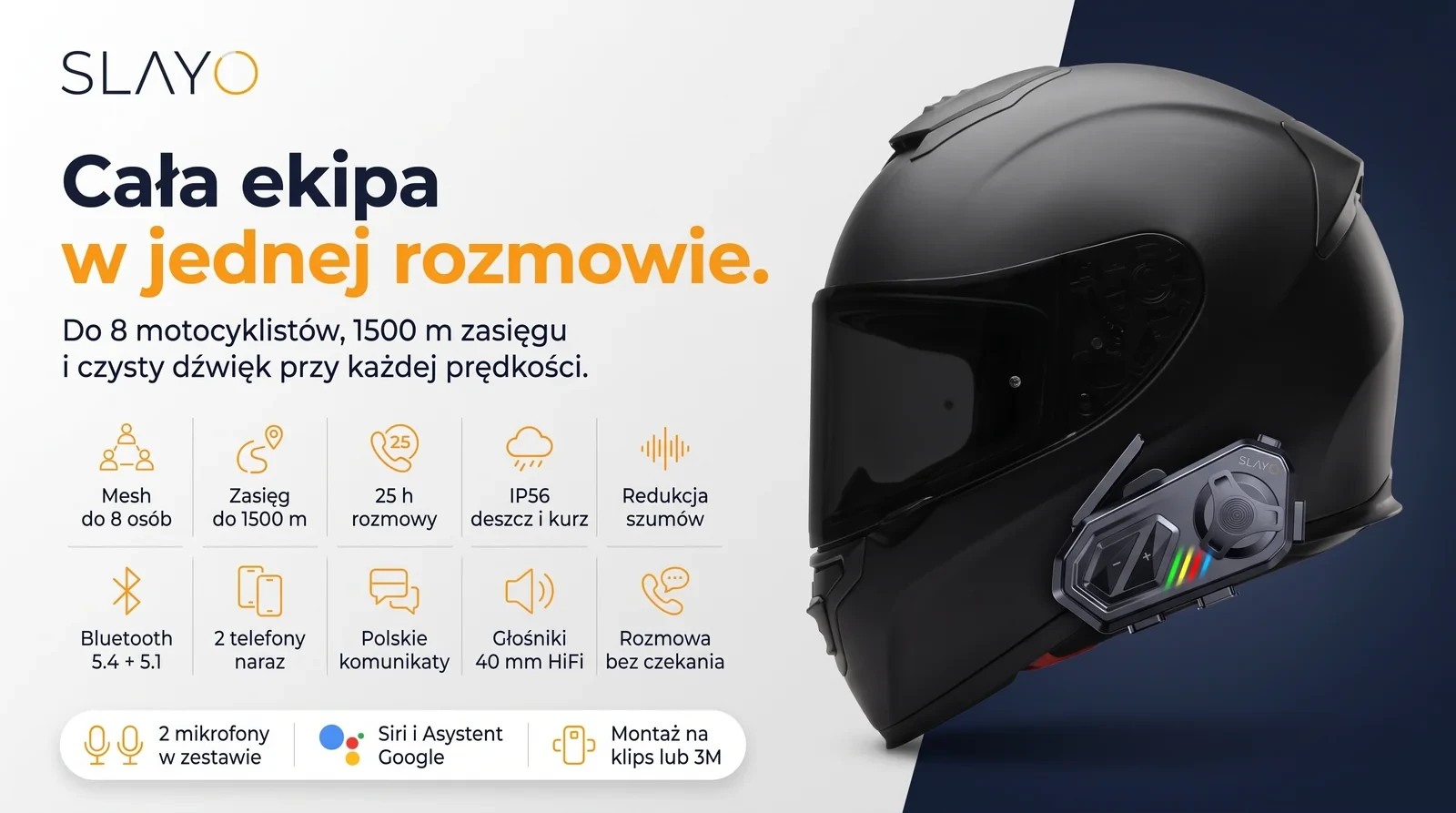 Interkom motocyklowy Slayo MotoMesh S800 na kasku integralnym, mesh do 8 osób i zasięg 1500 m