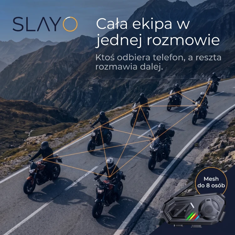 Grupa motocyklistów połączona interkomami Slayo MotoMesh S800 w trybie mesh do 8 osób
