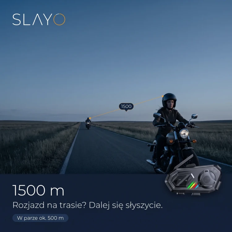 Grupa motocyklistów na trasie w zasięgu mesh do 1500 m dzięki interkomom Slayo MotoMesh S800