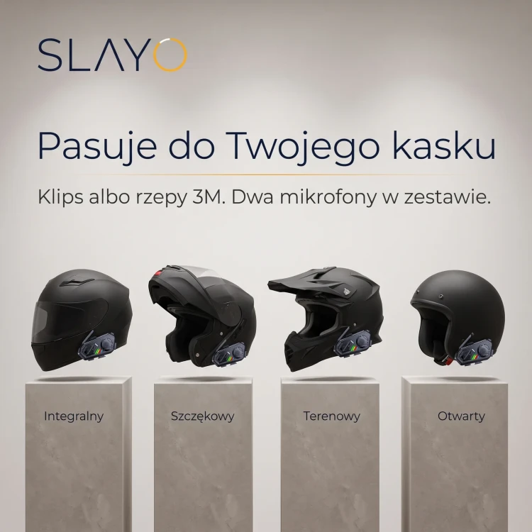Interkom Slayo MotoMesh S800 na kasku integralnym, szczękowym, terenowym i otwartym