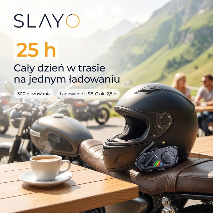 Kask z interkomem Slayo MotoMesh S800 na postoju, do 25 godzin rozmowy na jednym ładowaniu