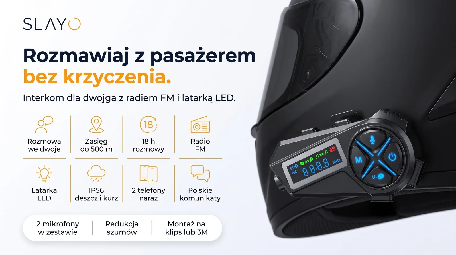Interkom motocyklowy Slayo MotoMesh S600 na kasku, rozmowa we dwoje, radio FM i latarka LED