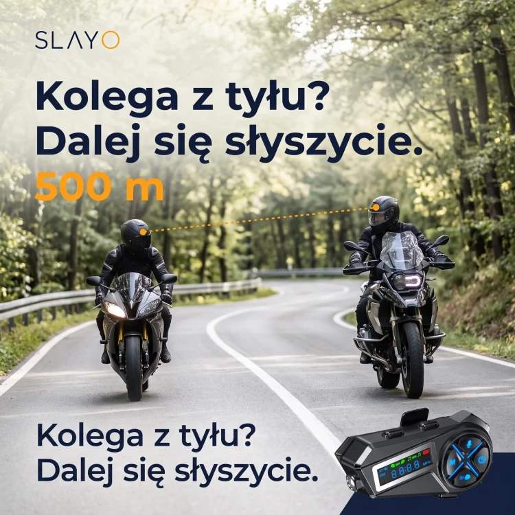 Dwa motocykle w zasięgu do 500 m połączone interkomami Slayo MotoMesh S600