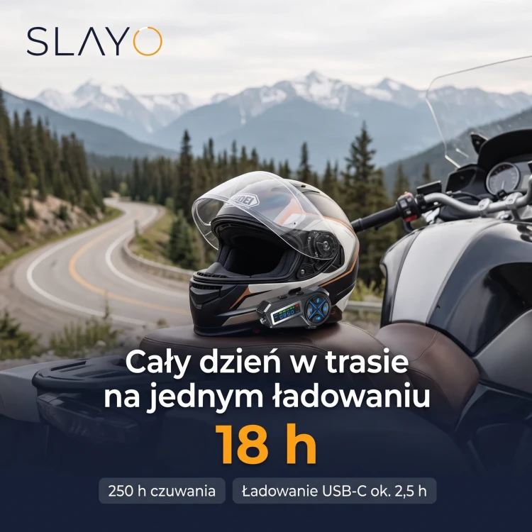 Kask z interkomem Slayo MotoMesh S600 na postoju, do 18 godzin rozmowy na jednym ładowaniu