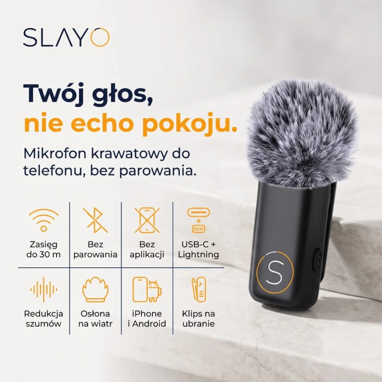 Mikrofon krawatowy Slayo Mike S11 z osłoną przeciwwiatrową, bez parowania, USB-C i Lightning